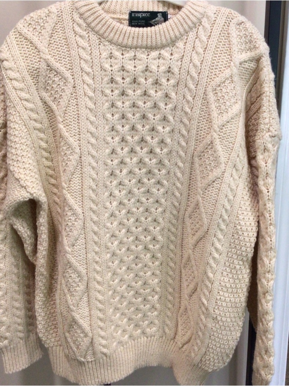 InisFree Irish Pure Wool Chunky Cream Cable Knit Sweater Sz. L